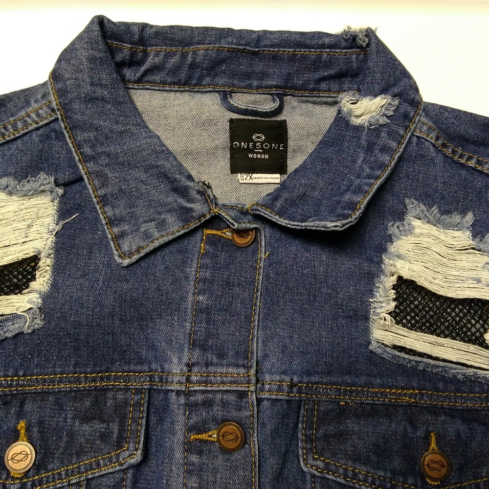 Cute New Rocker Jean Jacket Distressed Plus Size - Picture 4 of 8